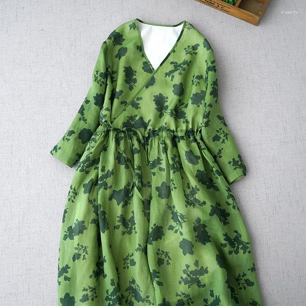 Vestidos Casuais 98cm Busto Verão Feminino Breve Solto Plus Size Estampado Verde Confortável Lavado à Água Fino Ramie