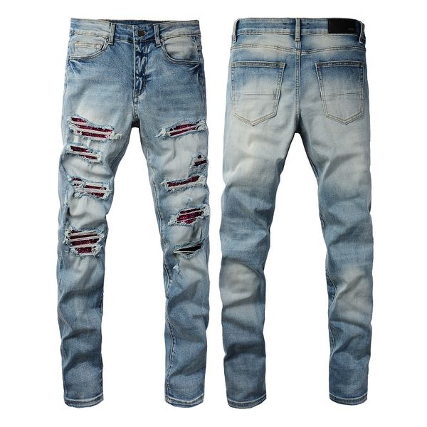 Jeans Designerjeans Herren Miri Jeans Denim Hose Distressed Ripped Biker Stickerei Patch Hole Hose Mode Cool Slim Fit Motorradstil