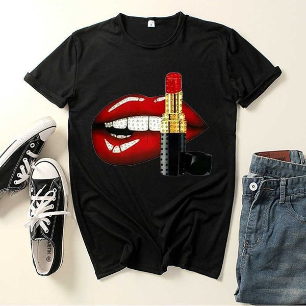 2021 Batom vermelho Sexy Lip T-shirt Feminino Casual Manga Curta Verão Gola Redonda Grande Backing Shirt