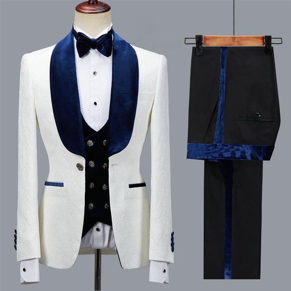 Neue Ankunft Floral Männer Anzug Slim Fit Hochzeit Smoking Marineblau Samt Revers Bräutigam Party Anzüge Kostüm Homme Trauzeuge Blazer275E