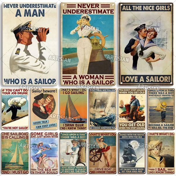 Cartaz de sinais de metal de marinheiro enferrujado O amor está no mar Pintura de metal Vintage Sailing Boat Wall Sign Posters Home Room Ship Decor Pintura de ferro de marinheiro feminino W01