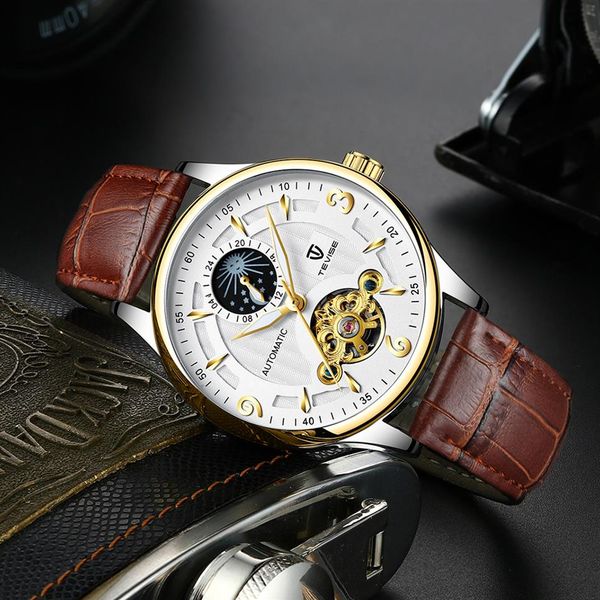 TEVISE Orologi da uomo Moda Orologio meccanico automatico Cinturino in pelle da uomo Fasi lunari Tourbillon Orologio sportivo Relogio Masculino271y