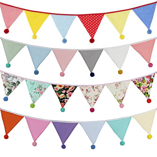 Banner-Flaggen, 3,2 m, Vintage-Blumen-Stoff-Wimpelkette, 12 Wimpelflaggen mit Kugeln, Hochzeit, Party, Dekoration, Banner, Zuhause, Babyparty, Karneval, Girlande 230720