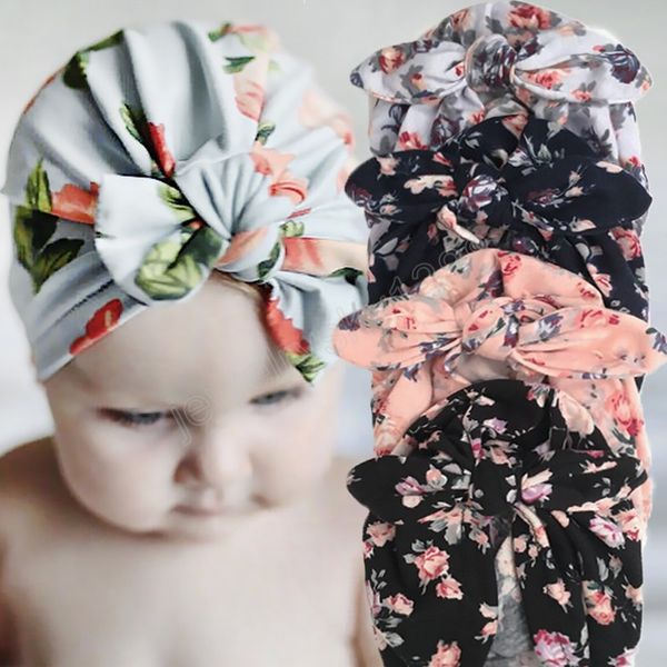 Lindas flores padrão orelhas de coelho chapéus de criança moda feito à mão gorro para bebê com nós estampado chapéus presentes de aniversário