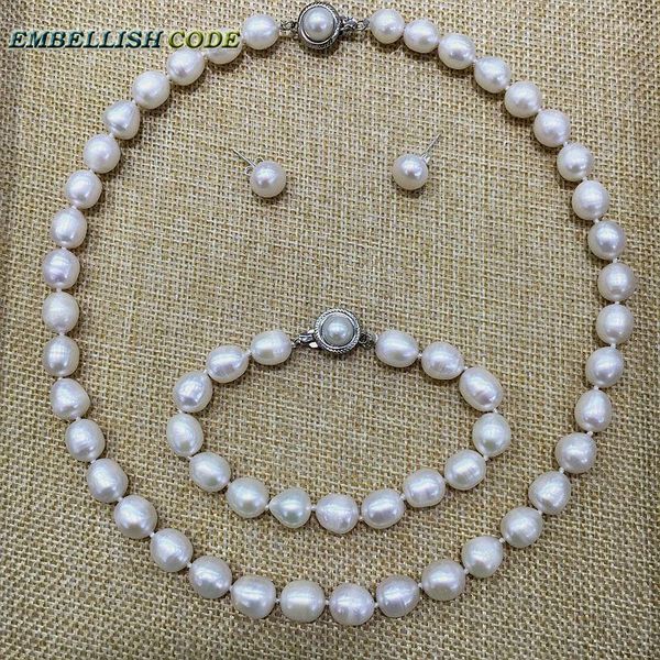 Collana Orecchini Set Prezzo basso 9-10mm Bracciale di perle bianche Orecchino Vera forma a goccia d'acqua dolce coltivata naturale Donna classica