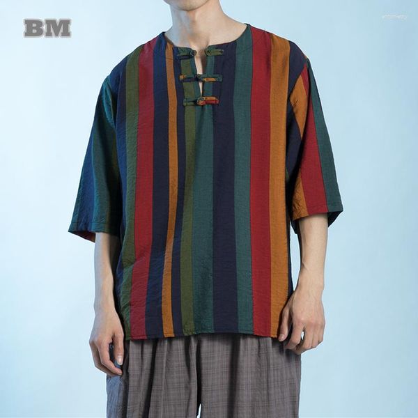 Мужские рубашки летнее китайское традиционное платье Ice шелковая полоса рубашка мужская одежда плюс размер винтажная футболка с коротким рукавом свободные тонкие топы мужские