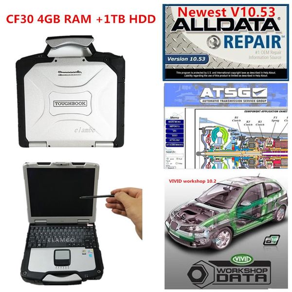 Ferramenta de diagnóstico de carro CF-30 Toughbook mais recente Alldata v10 53 e ATSG Software 3 em 1 TB hdd conjunto completo em cf30 4 GB laptop283B