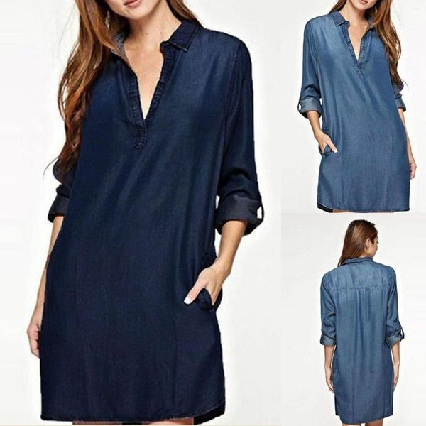 Sıradan Elbiseler Vintage Denim Mavi Kadınlar Elbise Sonbahar V yakalı uzun kollu yıkanmış gömlek vestido de mujer gevşek bornoz