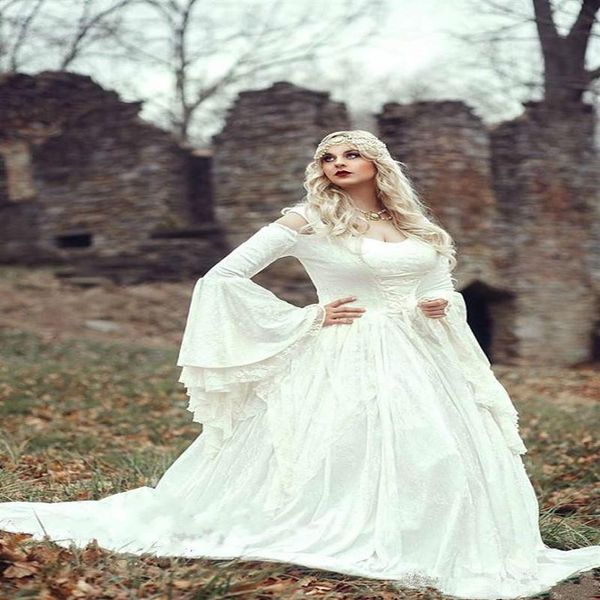 Renaissance Gothic Spitze Ballkleid Brautkleider mit Umhang Plus Size Bell Langarm Celtic Medieval Princess Vintage Bridal Go197Q