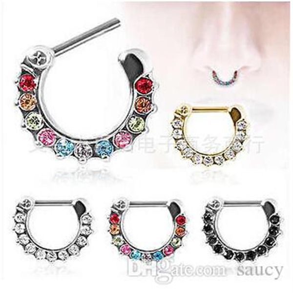 Nova Chegada Septum Clicker Nariz Rings CZ Gem Nose Piercing Corpo em Aço Inoxidável 316L Jóias Tamanho 1 2mm241E