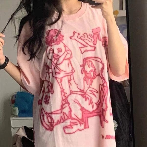 Camiseta feminina High Street Tees Pink Y2K Funny T-shirt Tops Tops Verão Harajuku Anime Pulôver Masculino Feminino Hip Hop Hipster Top 230720