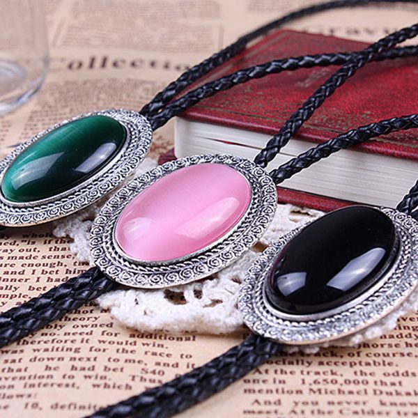 Bolo Ties Agate Time Gem gravata bolo camisa retrô colarinho colar corda colar de couro gravata HKD230720