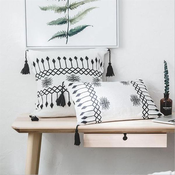 decoração de casa nórdica capa de almofada estilo tricô preto e branco decoração de borla cadeira de cama fronha quadrada retangular279h