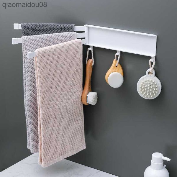 Toalheiro rotativo 3 barras dobrável barra de toalha com ganchos pano de prato toalhas de pano suporte de armazenamento rack para organizador de banheiro de cozinha L230704