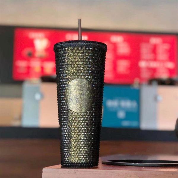 Starbucks Christmas Golden Black Dazzle Goddess Laser Stroh Kaffeetasse 710ML Durian Plastik Kaltwasser aus der Tür Begleitend2024