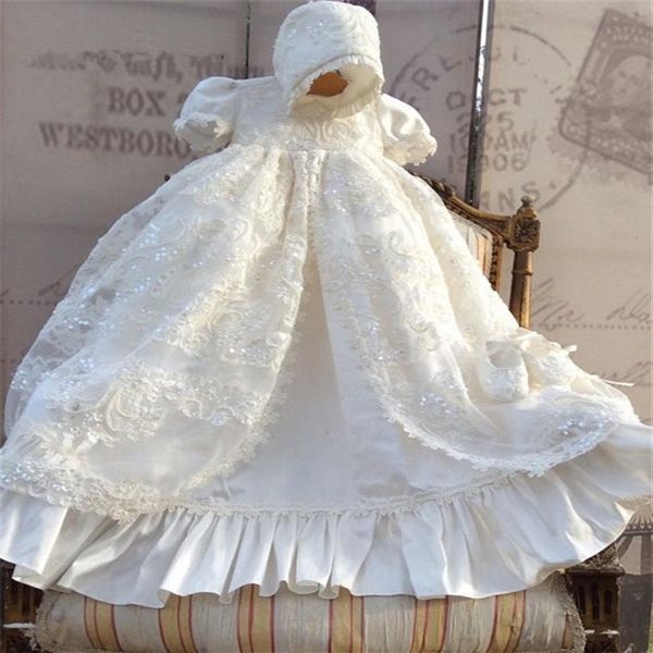 Vestido de batizado de renda 2021 com lantejoulas para bebês meninas vestidos de batismo com gorro branco marfim326j