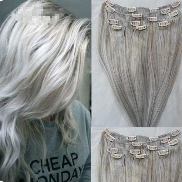 Клипы в наращивании волос настоящие человеческие волосы серебряный серо -цветный клип для полной головы 7pcs 120 г шелковистый прямой уток remy Hair208V