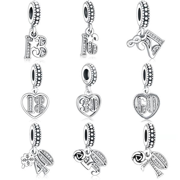 Alphabet-Zahlen 13 16 18 21 30 40 50 60 70 Perle authentisches 925er Silber passend für Original Pandora Charm-Armband Herstellung Berloque315d