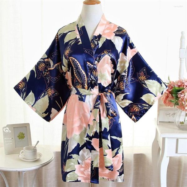 Damen-Nachtwäsche, florales Braut- und Brautjungfern-Hochzeitsgewand, Satin, lockeres Lounge-Kimono-Bademantelkleid, sexy kurzes Nachthemd mit Gürtel