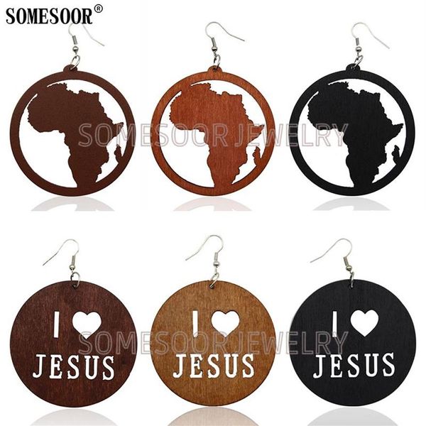 Pendente Lustre SOMESOOR Jóias Corte a Laser Mapa Africano Forma Eu Amo Jesus Moda Brincos de Gota de Madeira Para Mulheres Presentes Who303s