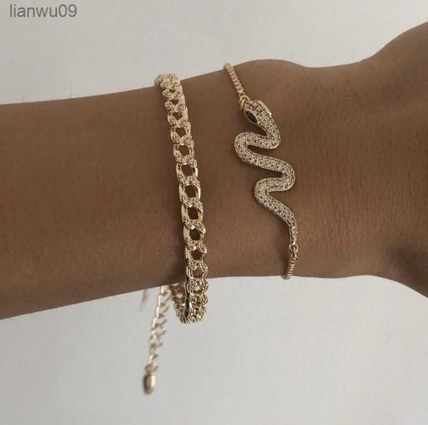 Pulseira de corrente grossa indiana punk cobra conjunto de pulseiras para mulheres cor de ouro cristal serpente multicamadas pulseiras de charme boho jóias l230704