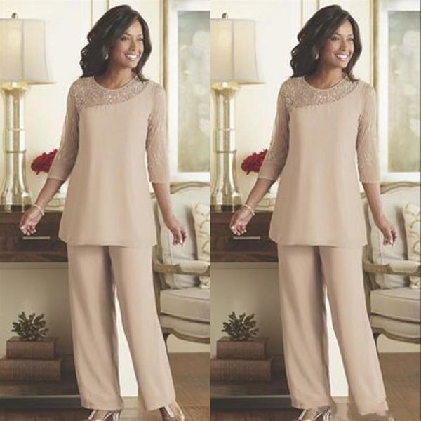 Elegante Spitze Hosenanzüge für die Mutter der Braut 2020 Sommer Chiffon Maßgeschneiderte 3/4 lange Ärmel Hochzeitsgast tragen Mutterkleid Suit259P