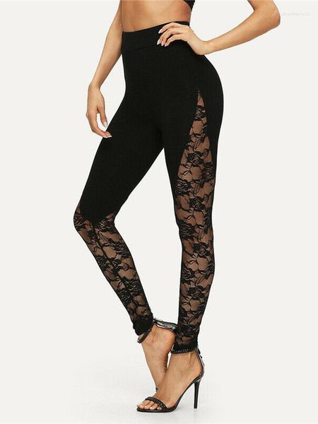 Leggings da donna 2023 Sexy a vita alta in pizzo nero da donna con pannello laterale floreale ritagliato S-2XL