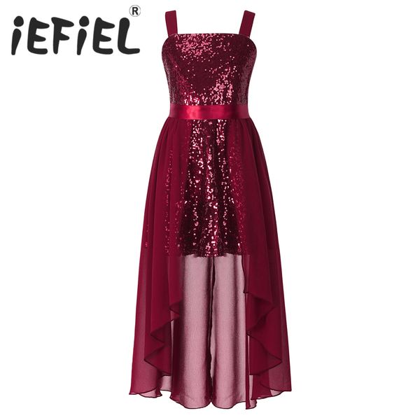 Crianças Meninas Vestido de Festa de Aniversário com Lantejoulas Brilhantes Sem Manga Vestido Chiffon Collant com Faixa de Cetim para Apresentação de Palco de Baile de Formatura