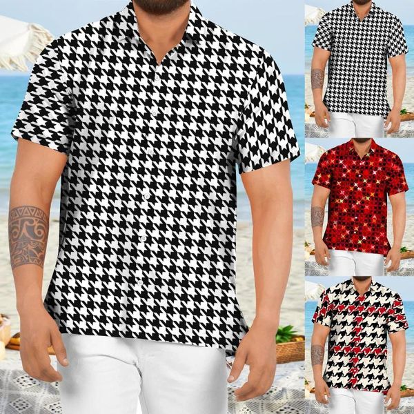 Camicie casual da uomo 100D quadrilatero manica corta colletto rovesciato camicetta con bottoni cardigan da spiaggia con stampa scozzese maschile