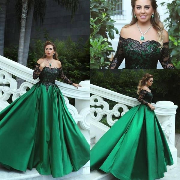 Vintage Verde Esmeralda Preto Renda Mangas Compridas Vestidos de Festa de Baile Fora do Ombro Uma Linha Oriente Médio Vestidos de Noite Elegantes 249s