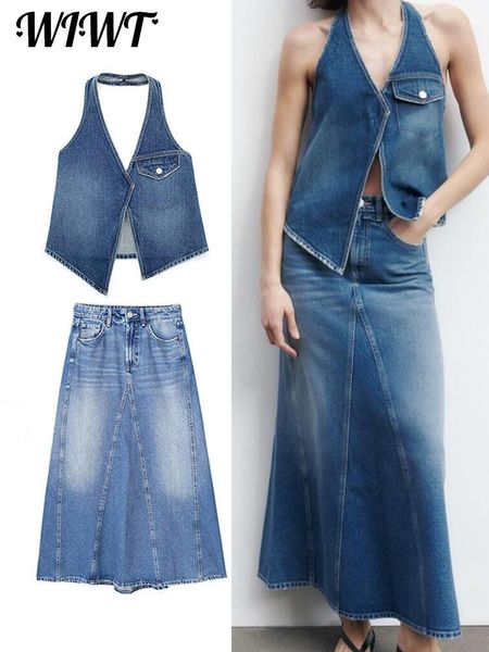 Urban Sexy Dresse Y2K Jeans Gilet Gonne Set Casual Halter Bottoni senza schienale Tasche Canotte Donna Elegante Una linea Gonna di jeans Tute 2023 230720