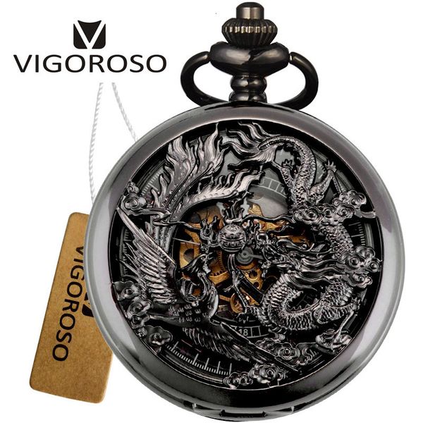 Relógios de bolso Vintage Classic Steampunk Skeleton Black Alloy Chinses Flying Dragon Phoenix Mecânico Hand Wind Relógio de bolso FOB Chain Clock 230719