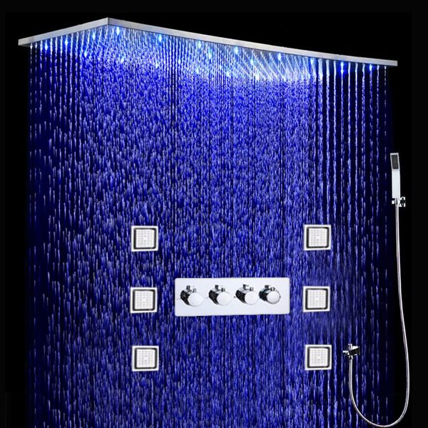 Badezimmer-LED-Duschset, 500 x 1000 mm, Decke, großes Regenduschkopf-Panel, thermostatische Duscharmaturen mit Massagekörperdüsen288n
