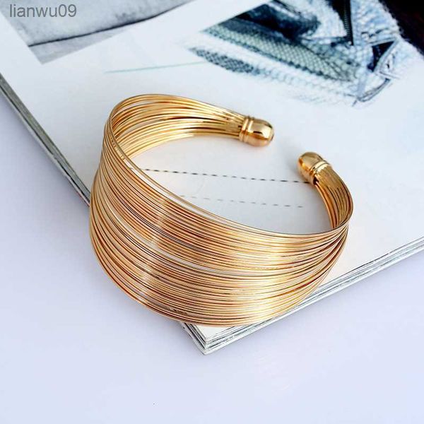 Moda envoltório de arame aberto pulseira de punho largo para mulheres jóias estilo vintage metal preto ouro prata cor pulseira feminina L230704