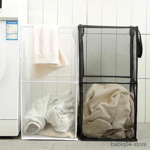 Cestas de armazenamento Cesta de lavanderia fácil de transportar organizador de lavanderia dobrável malha fina portátil banheiro dobrável cesta de roupas sujas uso diário R230720