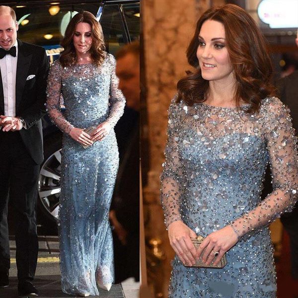 KATE MIDDLETON Abito da sera lungo in cristallo dello stesso stile Abito da sera lungo gioiello azzurro con scollo a barchetta e maniche lunghe Abiti da sera formale Occasi2987