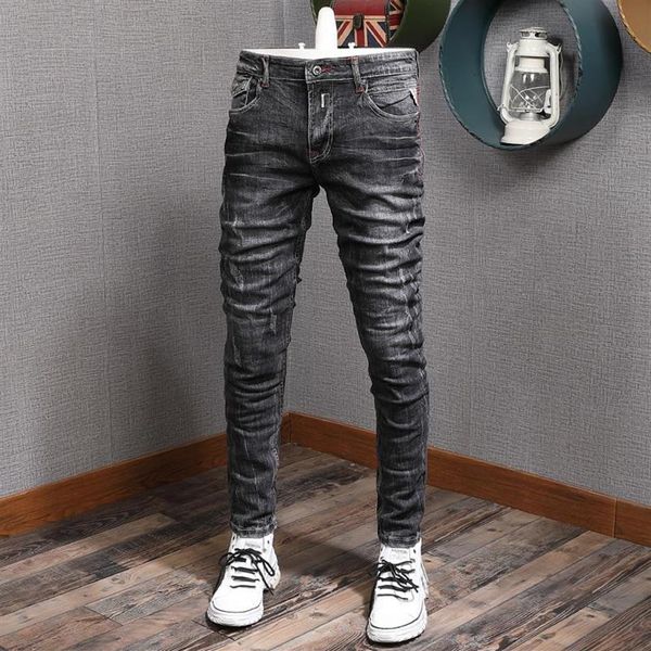 Jeans da uomo moda graffiato grigio nero uomo autunno cotone streetwear pantaloni in denim slim fit276m