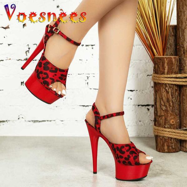 Sandalen Damen Sexy Leopardenmuster Sandalen 15CM Kuh Wildleder Stiletto Pumps Plus Size Schnallenriemen High Heels Sommerspaziergang Show Models Schuhe L230720