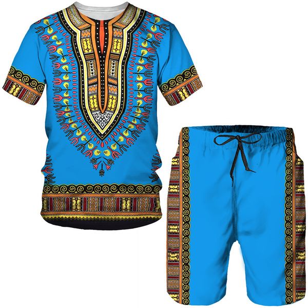 Tracksuits masculinos Impressão Africana Camiseta Conjunto Dashiki Estilo Étnico Tradicional Desgaste Roupas de Rua Vintage para Homens T-shirt Shorts Terno Tracksuit 230719