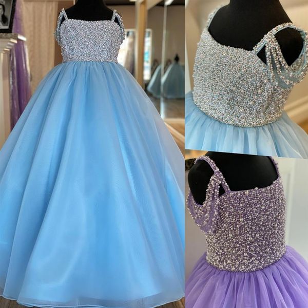 Vestido de concurso de meninas azul-céu claro 2023 Corpete de pérolas com miçangas Organza Alças de aniversário para crianças pequenas Lavanda Vestidos formais para festas 2446