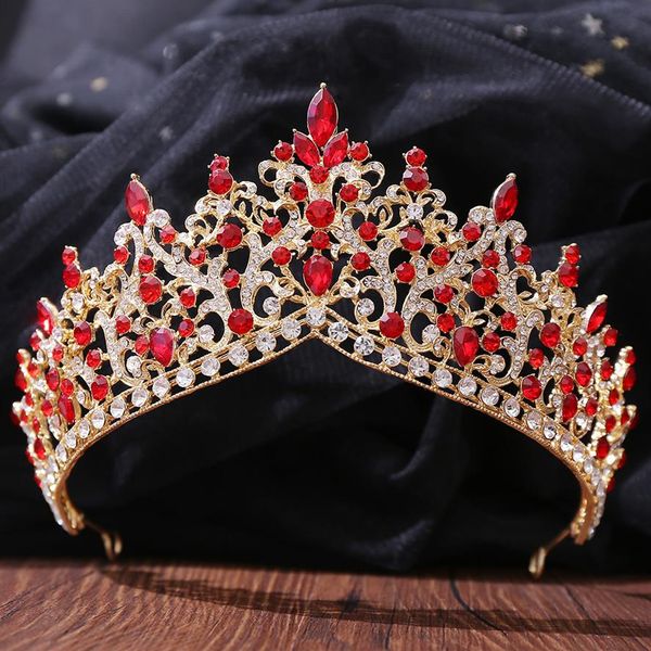 Kırmızı Kristal Başlıklar Düğün Aksesuarları Barok Kronlar Gümüş Boncuklu Gelin Tiaras Rhinestones Quinceanera için Baş Parçaları Cro197E