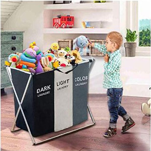 Cesta de roupa suja dobrável com 3 seções organizador caixa grande armazenamento cesto de roupa suja classificador bolsa para roupas sujas crianças brinquedos grandes T2292n