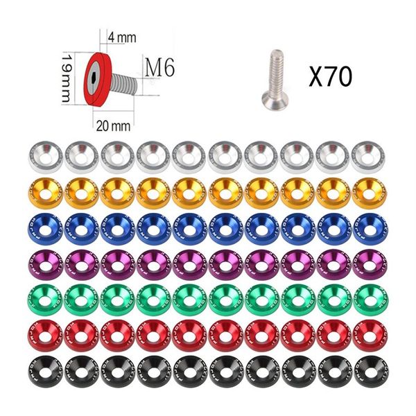 70pcs 7 colori misti in alluminio JDM rondelle parafango e bullone M6 auto elementi di fissaggio esagonali modificati rondella parafango paraurti motore viti concave286I