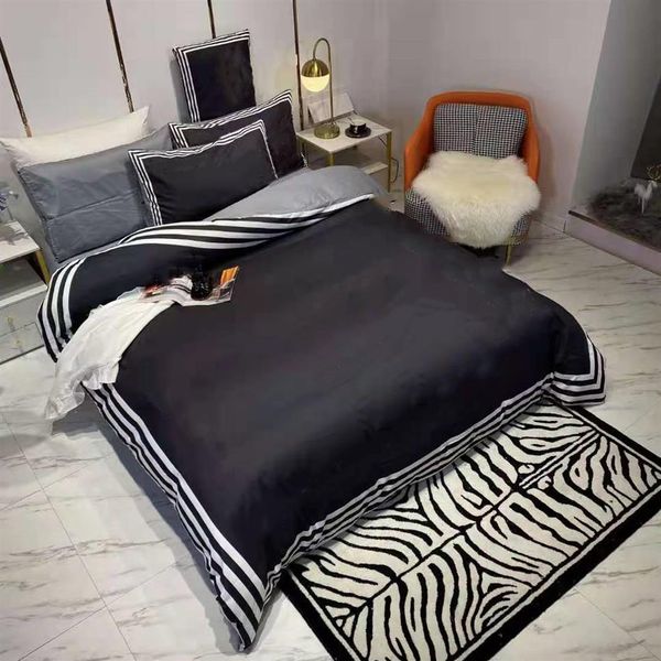 Conjuntos de roupa de cama de algodão 4 pçs estilo europeu estampado com letras em tiras para cama roupas de cama fronha lençol adulto macio tamanho Queen Comforte274q