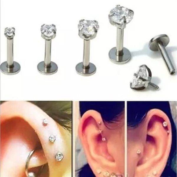 Anel labret de aço com pino de lábio Zircônio anodizado Titnium com rosca interna CZ Gem Monroe 16G Tragus Helix piercing de orelha 2mm 3mm 4mm316G