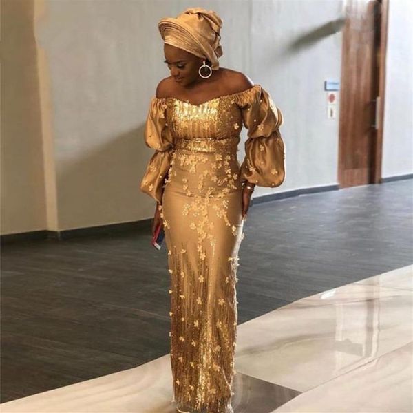 Ouro Aso Ebi Sul Africano Vestidos de Noite Bainha Decote em V Manga Longa Apliques Nigéria Árabe Vestido de Noite Vestido de Baile2438