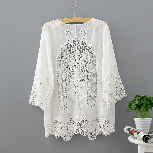 Blusa de renda branca oca quimono verão 2019 algodão solta mulher camisa moda quimono meia manga cardigan blusas femininas