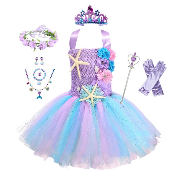 Ragazze pastello Ariel Mermaid Tutu Dress Under the Sea Tema Costume da festa di compleanno con fascia a fiori Abiti a fiori oceanici 1-12 anni