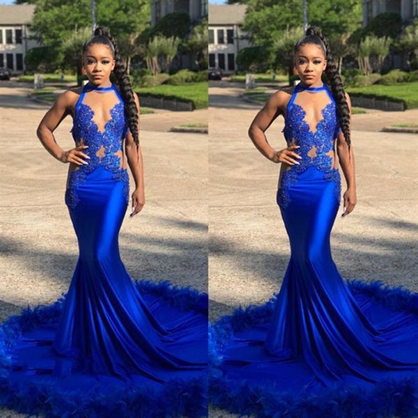 2022 Royal Blue Mermaid Prom Dresses See Through Sparkly Sequins Deep V Neck Halter African Formal Evening Party Gowns229r