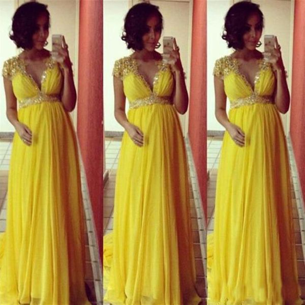 Abiti da sera lunghi in chiffon a maniche corte giallo brillante per le donne incinte di maternità abiti da ballo per feste formali impero perline Crystal2306